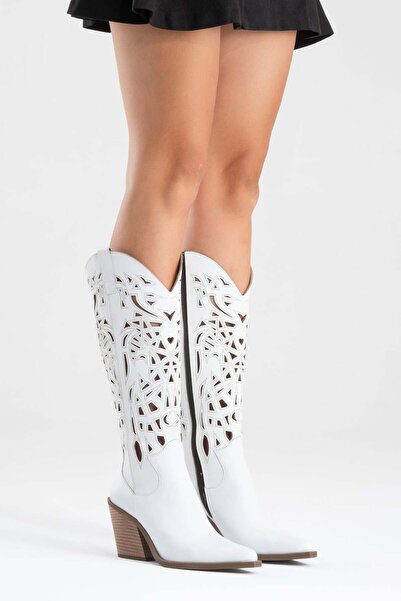 Zeynep Sıradağlı Γυναικείες μπότες Western από γνήσιο δέρμα Harlina σε λευκό χρώμα