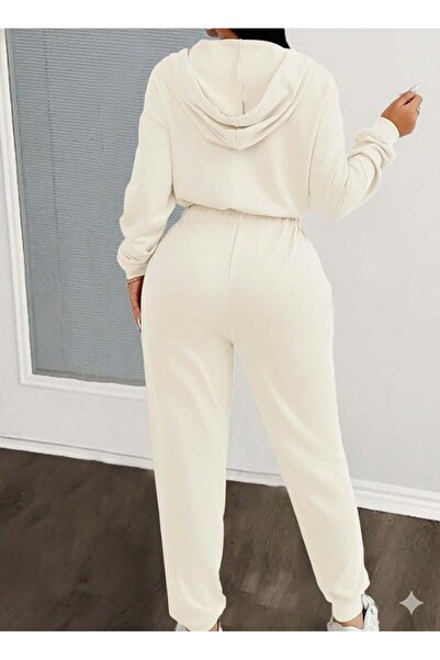 Afri Ecru / Off-White Hooded Zippered Women's Sports Jumpsuit (Waist Drawstring, No Pockets)