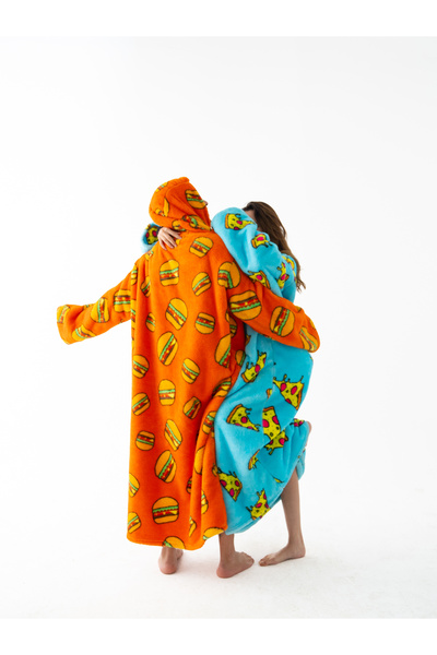 fluffy 2’li Peluş Oversize Hoodie Battaniye Seti – Pizza ve Hamburger Desenli, Cepli, Unisex TV Battaniyesi