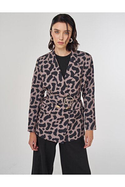 Kayra Leopar Desen Blazer Ceket Vizon