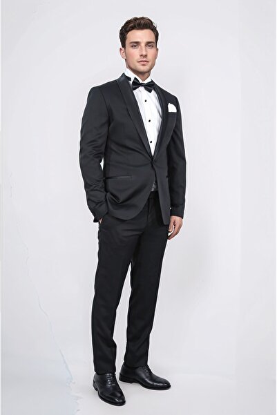 Velvarde Slim Fit Satin Shawl Collar Black Patterned Groom Suit