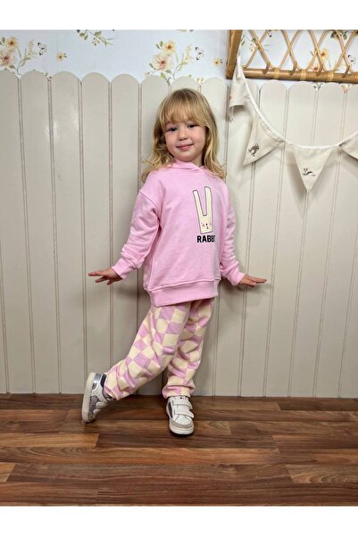 Karan Kids Set de top și pantaloni roz cu glugă pentru fete