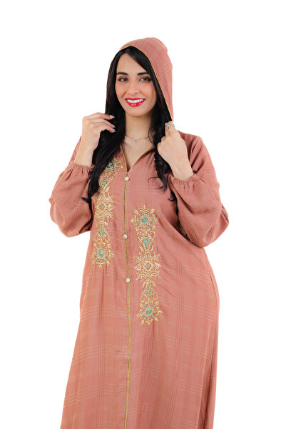 amaan Women's Maghrebi Hooded Jalabiya, Embroidered with Gold Floral Details suitable for Autumn & Winter