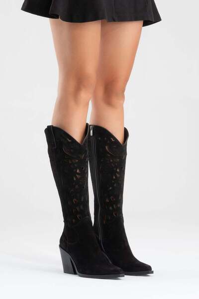 Zeynep Sıradağlı Γυναικείες μπότες Western από γνήσιο δέρμα Harlina, μαύρο σουέτ