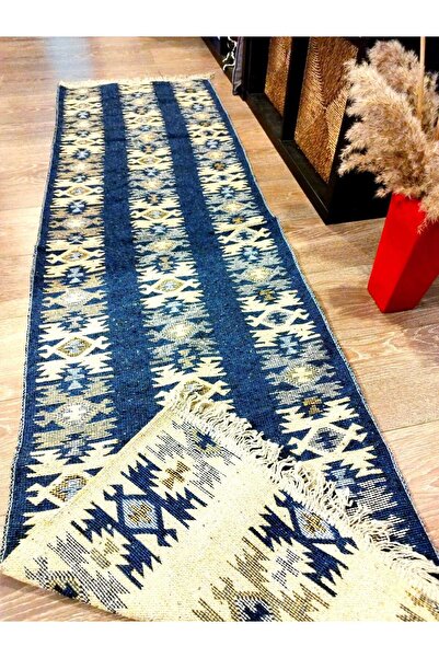 OEM Covor tradițional, dimensiune 60 x 200 cm, albastru și crem, model Rustic