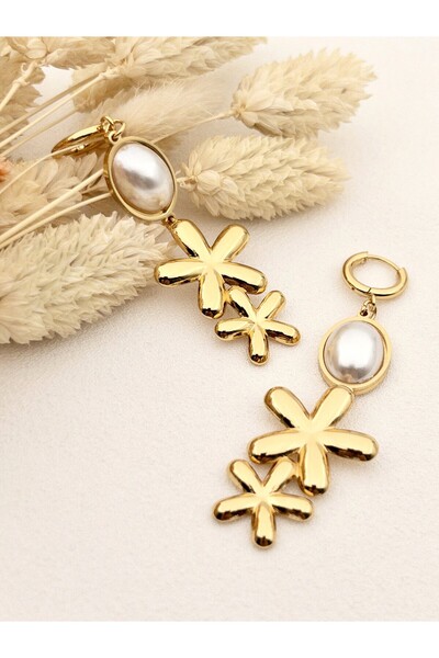 Siya Silver Kararmaz Çelik Çift Papatyalı İncili Sallantılı Uzun Küpe - 6,5 cm