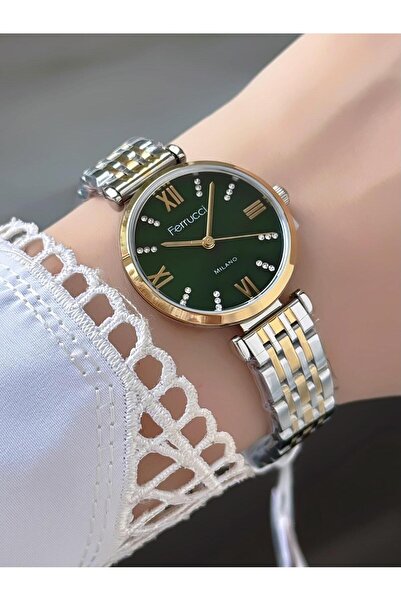 Ferrucci Women's Round Stone Green Dial Gold Silver Metal Band Wristwatch