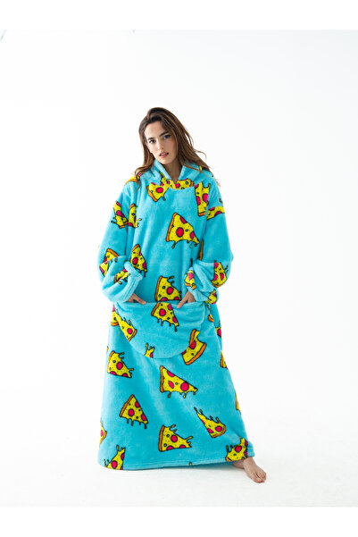 fluffy Oversize Peluş Hoodie Battaniye – Pizza Desenli, Cepli, Sıcak Tutan TV Battaniyesi Sweatshirt