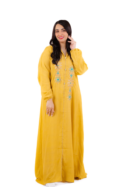 amaan Women's Maghrebi Hooded Jalabiya, Embroidered with Gold Floral Details suitable for Autumn & Winter