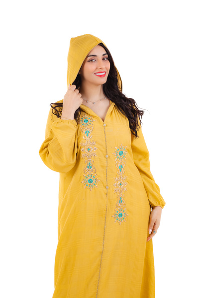amaan Women's Maghrebi Hooded Jalabiya, Embroidered with Gold Floral Details suitable for Autumn & Winter