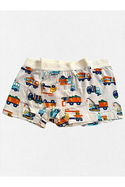 elmas kids Erkek Çocuk %100 Pamuklu Krem Renk İş Makinesi Desenli Ağ Kısmı Dikişli Geniş Lastikli 2'li Boxer