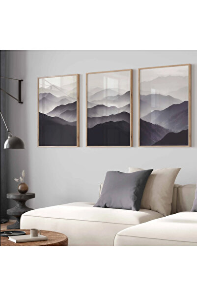 PAM STUDIO Gri Mor Dağ Manzara 3’lü Tablo Seti - Modern Minimal Soyut Poster ...