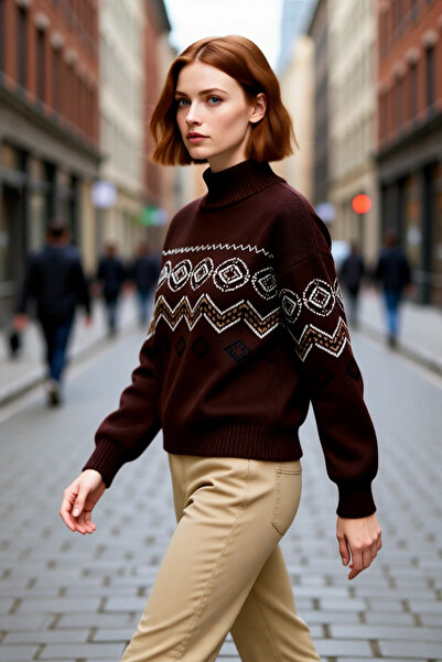 PayBuy Women's Brown Ethnic Patterned Stand Collar Regular Fit Low Sleeve Thick Knitwear Sweater Winter