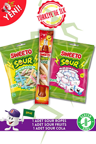 SWEETO Sour Ropes & Fruits Marshmallow 100G & Sour Cola 20G (Sour Mix)