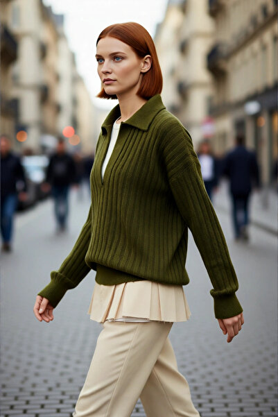 PayBuy Pulover de tricotat oversize pentru femei, cu guler polo, cu mâneci jo...