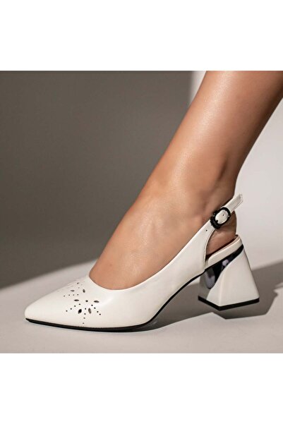 Modlet.ro Women's white perforated chunky heel shoes MOD11654