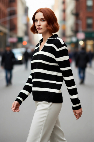 PayBuy Γυναικείο ριγέ πουλόβερ με λαιμόκοψη πόλο με χαμηλό μανίκι ακρυλικό πλ...