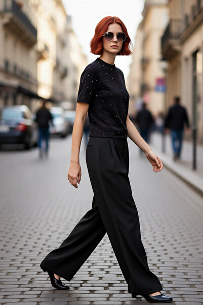 PayBuy Pulover de tricotat pentru femei, negru, cu mânecă scurtă, brodat cu p...