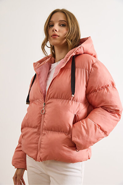 Olalook Γυναικείο πουπουλένιο παλτό Dusty Rose Pocket με κουκούλα KBN-19000021