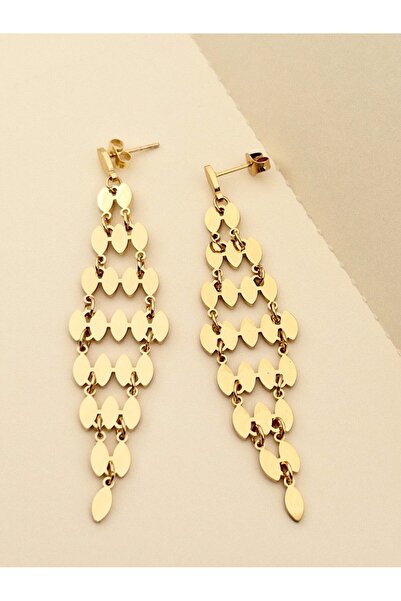 Siya Silver Kararmaz Çelik Pullu Püsküllü Sallantılı Uzun Küpe - 8 cm