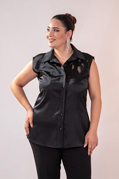 Roxxlen Plus Size Stone Detailed Sleeveless Blouse Black