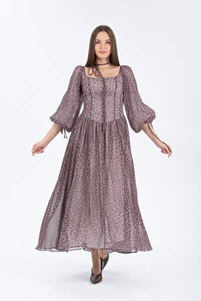 Stylish فستان شيفون طويل بطبعة جلد النمر