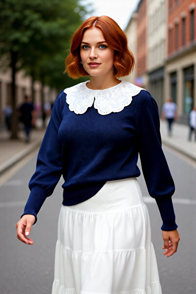 PayBuy Pulover de tricotat cu guler din dantelă, albastru marin pentru femei,...