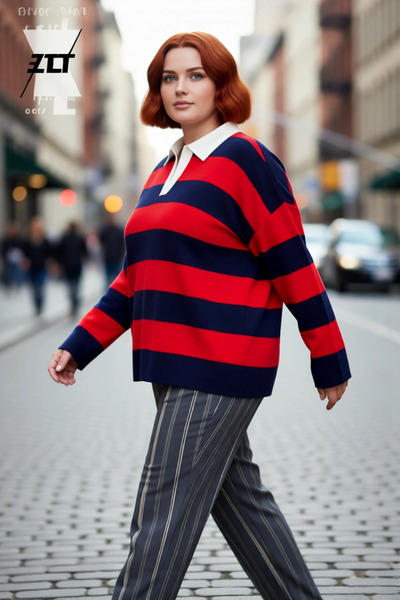 PayBuy Kadın Relaxed Kesim Polo Yaka Çizgili Triko Kazak Düşük Kol Rahat Giy ...