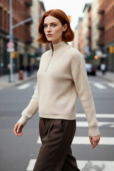 PayBuy سترة نسائية كبيرة الحجم بأكمام طويلة وياقة عالية مع سحاب، تريكو سيلانيكي محبوك أساسي بأكمام طويلة وجودة عالية