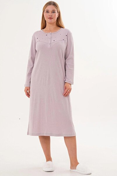 By Mecit Pijama Women's Large Size Long Sleeve Interlock Fabric Mother's Nightgown 100% Cotton