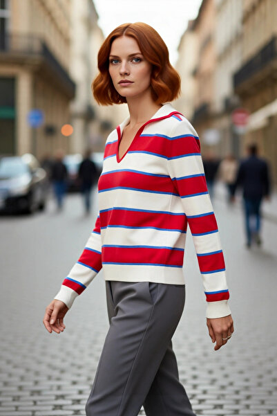 PayBuy سترة تريكو رفيعة مخططة بياقة بولو ذات تصميم عادي للنساء، مثالية للإطلا...