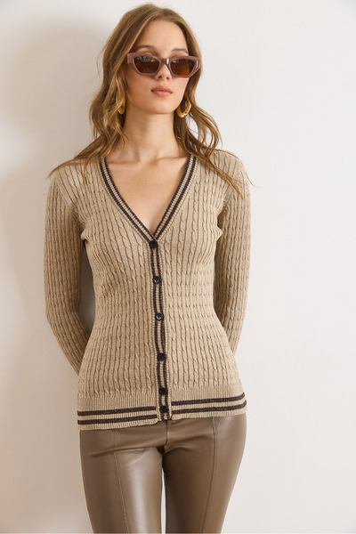 Olalook Women's Stone Stripe Detailed Hair Knitwear Cardigan Hrk-19000428