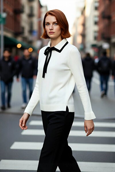 PayBuy Γυναικείο πλεκτό πουλόβερ με κορδόνια με λαιμόκοψη πόλο με μακρύ μανίκ...