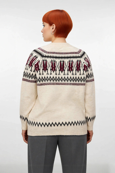 PayBuy Women's Geometric Patterned V-Neck Knitwear Sweater Winter Regular Fit Raglan Sleeve Long Length Comfortable Stylish