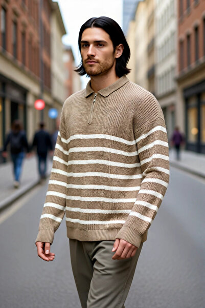 PayBuy سترة تريكو رجالية كبيرة الحجم بياقة بولو مخططة باللون الأزرق الداكن، مريحة للشتاء، مصنوعة من الأكريليك المنسوج في سالونيك