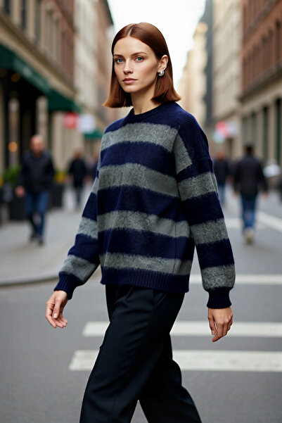 PayBuy Pulover de tricotat cu dungi oversize pentru femei, cu decolteu în formă de bicicletă, ideal pentru sezonul de iarnă, design cu mâneci joase