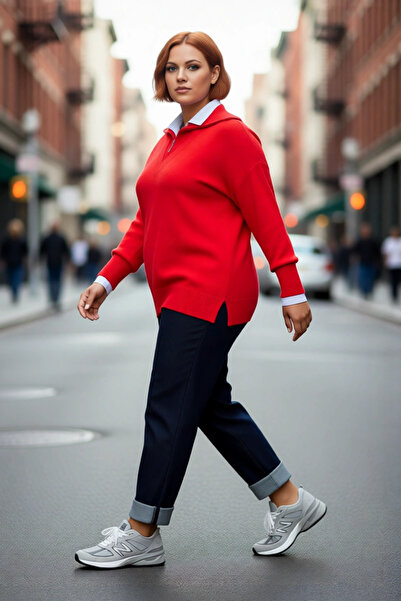 PayBuy Kadın Kırmızı Regular Kalıp Devrik Yaka Fermuarlı Triko Kazak Düşük Ko...