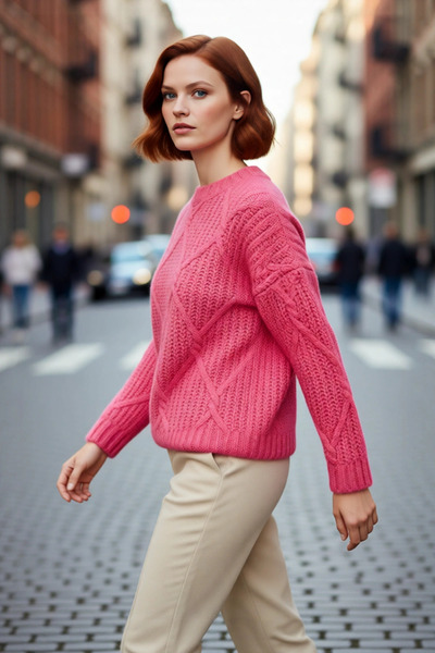 PayBuy Kadın Oversize Saç Örgü Detaylı Kalın Triko Kazak Kışlık Rahat Bisikle...