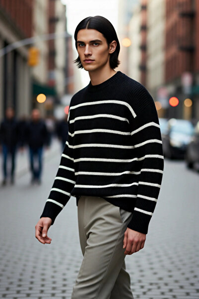 PayBuy Pulover de iarnă pentru bărbați, oversize, cu decolteu, cu dungi, țesu...