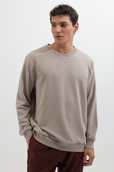 Tudors Unisex Relax Fit Rahat Kesim %100 Pamuk Basic Bej Bisiklet Yaka Sweatshirt