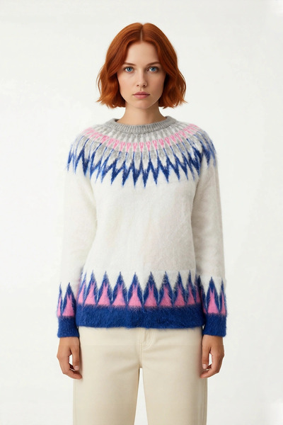 PayBuy Women's Regular Fit Geometric Pattern Acrylic Knitwear Sweater Raglan Sleeve Comfortable for Winter Days