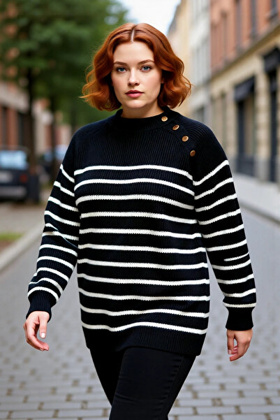 PayBuy Tricotaj pentru femei, cu dungi negre, cu buton auriu, detaliat, din a...