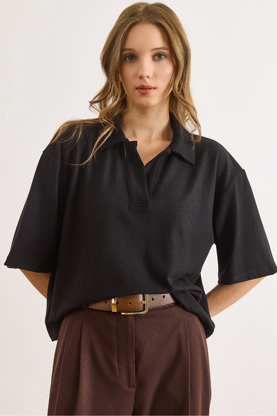 Olalook Women's Black Polo Neck Flowy Soft Blouse Blz-19003140