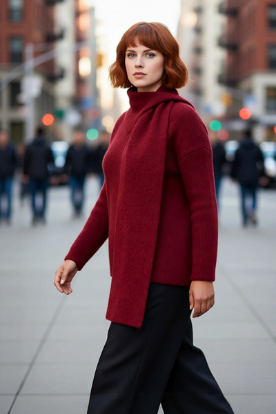 PayBuy Pulover de damă, bordeaux, cu detalii de șal, cu conținut de lână, tri...