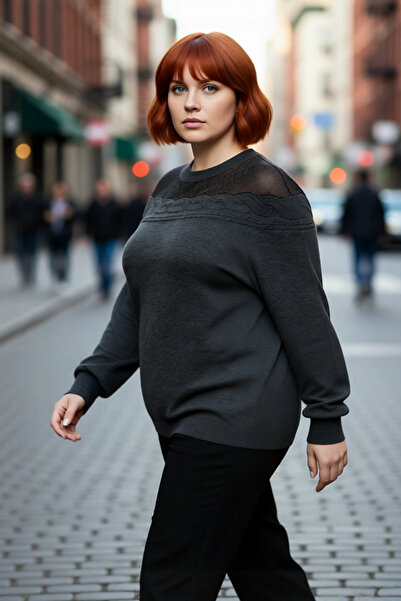 PayBuy Pulover de tricotat cu gât rotund, elegant, cu detaliu împletit de păr antracit pentru femei, cu mâneci lungi, ideal pentru zilele de iarnă