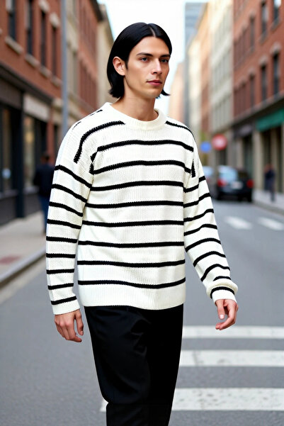 PayBuy سترة شتوية رجالية كبيرة الحجم بياقة دائرية مخططة من نسيج سيلانيك سميك من الأكريليك بأسلوب مريح