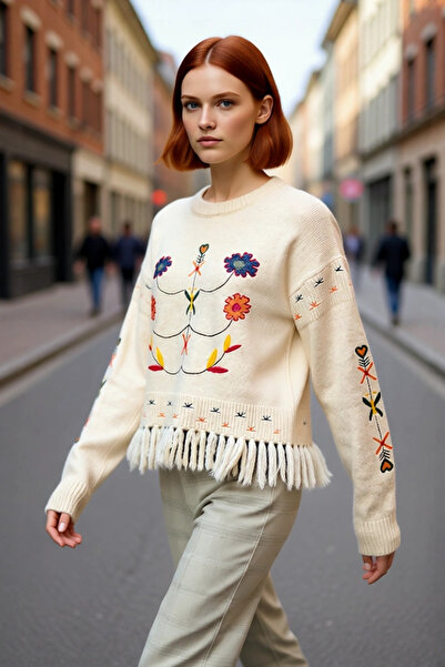 PayBuy Pulover din tricot super crop cu decolteu rotund, brodat, pentru femei...