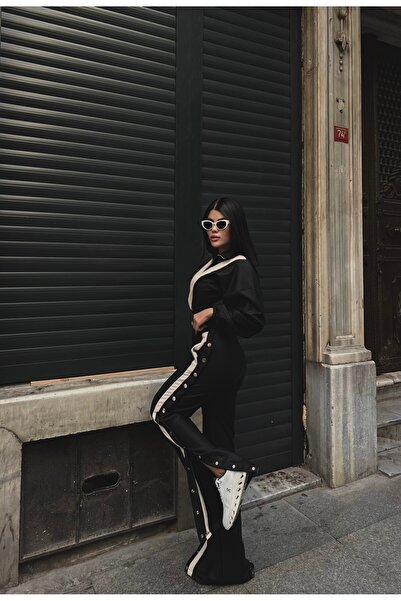 cemo Zippered Stripe Detailed Leather Snap Fastener Suit