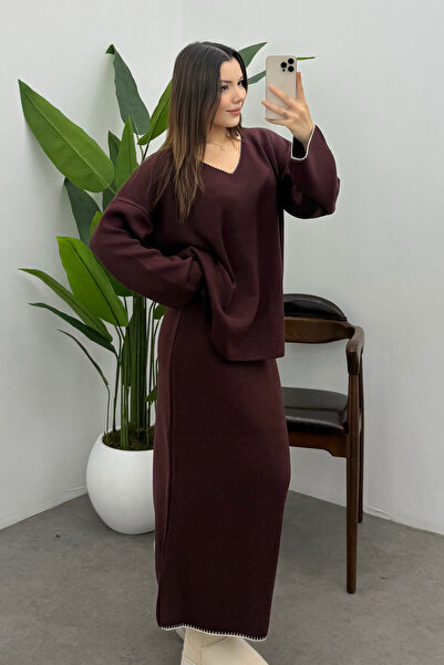 Bipantolon Women's Brown Shepherd Stitch Detailed V-Neck Sweater Skirt Knitwear Set