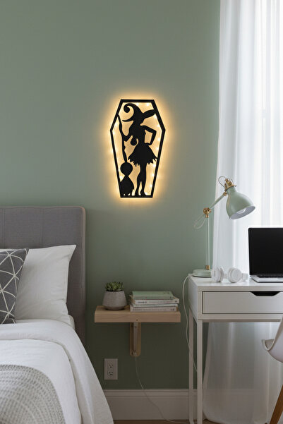 Woodnity Gotik Tarz Cadı Figürlü Ahşap Duvar Dekorasyonu - Duvar Gece Lambası